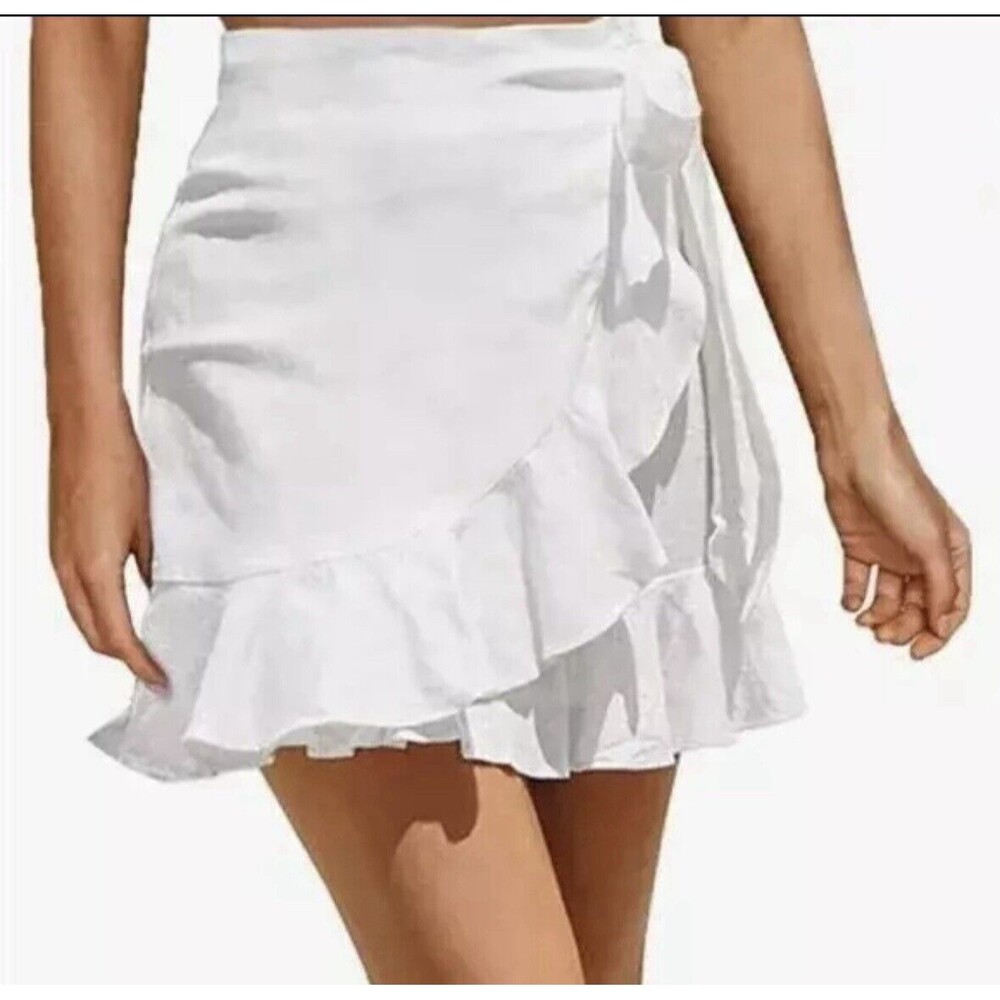 Aerie White Linen Blend Ruffled Wrap Mini Flirty Tie Skirt Women's‎ XS NWT